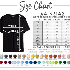 May include: A black men's cooling performance t-shirt with a size chart. The chart lists measurements in inches for sizes XS to 4XL, including width, chest, and length. The shirt features a tag-free neck and is made of lightweight, moisture-wicking material.