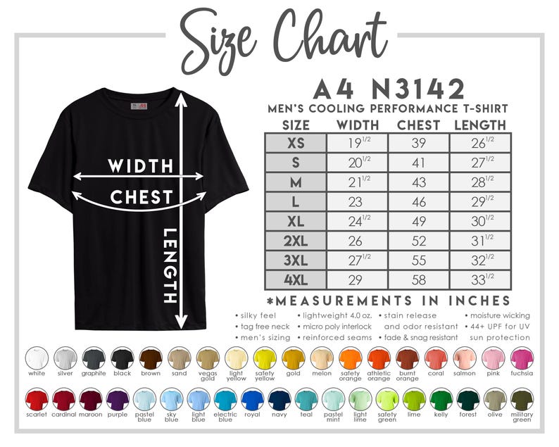 May include: A black men's cooling performance t-shirt with a size chart. The chart lists measurements in inches for sizes XS to 4XL, including width, chest, and length. The shirt features a tag-free neck and is made of lightweight, moisture-wicking material.