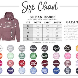 May include: A size chart for a Gildan 18500B heavy blend youth hooded sweatshirt. The chart includes measurements in inches for sizes XS to XL, along with a color palette. The sweatshirt is shown in a mauve color.