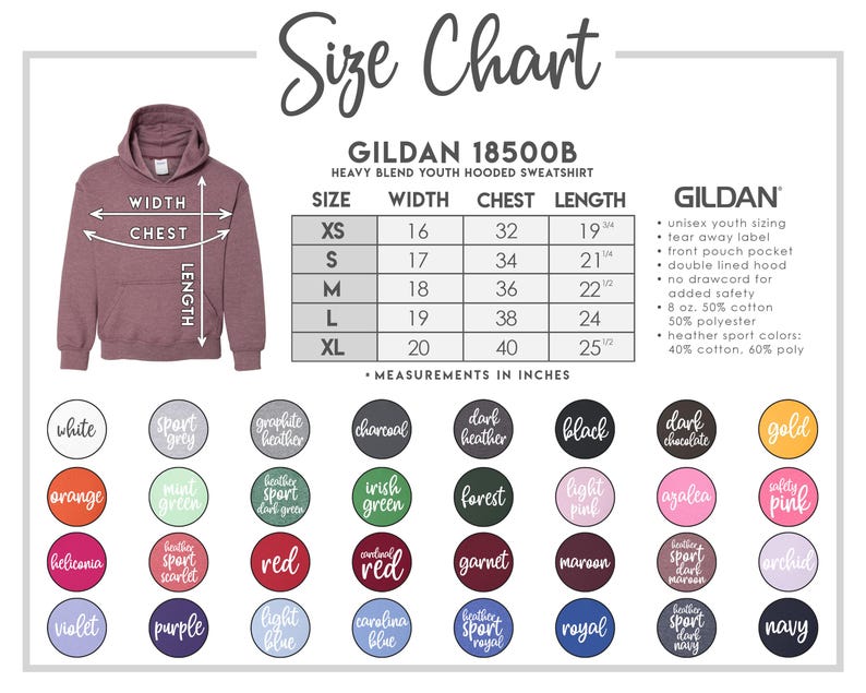 May include: A size chart for a Gildan 18500B heavy blend youth hooded sweatshirt. The chart includes measurements in inches for sizes XS to XL, along with a color palette. The sweatshirt is shown in a mauve color.