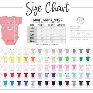 以下が含まれることがあります： Rabbit Skins 4400 ベビーリブボディスーツのサイズチャート。NBから24Mまでのサイズについて、幅、胸囲、長さの寸法をインチで表示しています。また、さまざまな色のオプションも表示されています。