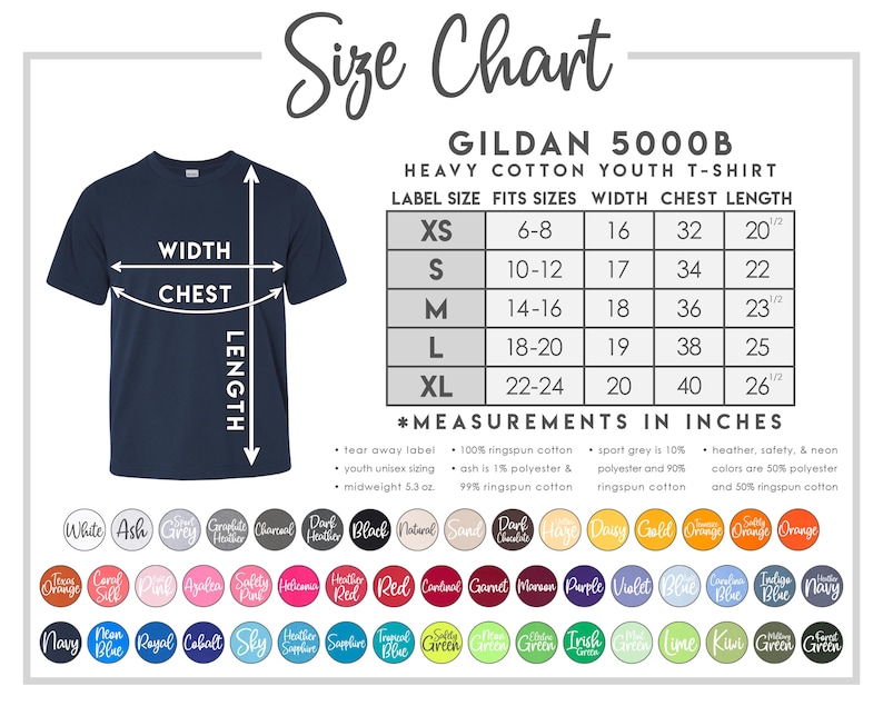 以下が含まれることがあります： ネイビーブルーのGildan 5000BヘビーコットンユースTシャツ。サイズチャート付き。XSからXLまでのサイズが記載され、幅、胸囲、着丈の測定値はインチ（cmに変換）で表示。カラーオプションが下部に表示されています。