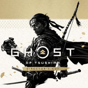 May include: A monochrome image promoting "Ghost of Tsushima: Director's Cut." It depicts a samurai warrior with a bow, arrow, and swords. The game's title is in bold white letters, set against a gold and cream background.