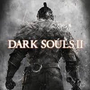 Może przedstawiać: Czarno-biały obraz rycerza w szczegółowej zbroi, widzianego od tyłu. Rycerz ma futrzany kołnierz i hełm. Tekst "DARK SOULS II" jest wyświetlany złotymi literami na obrazie. Tło to rozmyta, zadymiona tekstura.