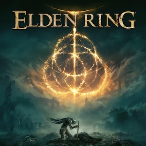 Puede incluir: Ilustración de la carátula del videojuego Elden Ring. El título dorado está sobre un diseño circular brillante. Una figura solitaria se arrodilla con una espada contra un paisaje oscuro y brumoso con un castillo.