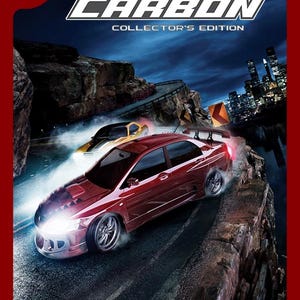 以下が含まれることがあります： Need for Speed Carbon Collector's Editionのビデオゲームカバー。夜の山道をドリフトする赤いスポーツカーが描かれています。曲がりくねった崖沿いの道には黄色い車が続き、背景には暗闇の中に都市のスカイラインが見えます。