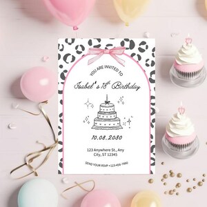 Tierdruck-Geburtstagseinladung für Sie mit Schleife, Girly Party-Vorlage, bearbeitbare Bday Canva-Einladung, schicker Leopard einladen