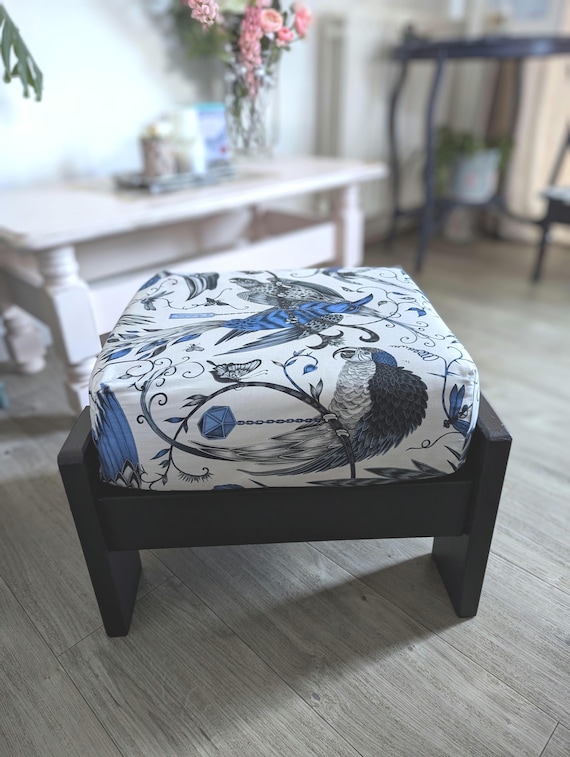 Beautiful blue upcycled footstool Designer fabric Emma J Shipley Audubon painted in Frenchic black jack painted furniture mothers day gift