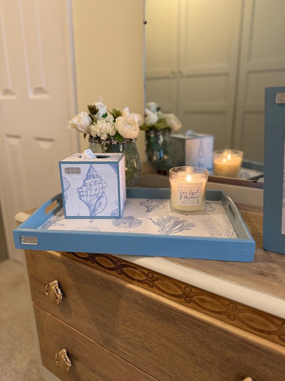 Beautiful light blue sea shell serving ottoman tray beautiful homes
