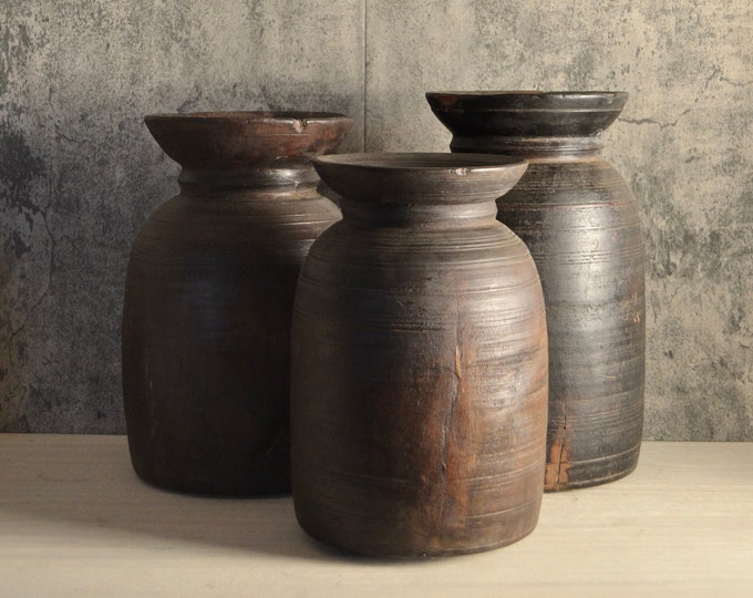 Extra Large Vintage Teakwood Pots Center Piece for Table Dark Wooden