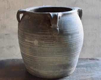 Vintage Grey Pot with Four Handles|  Clay Vase |  Rustic Vessel | Wabi Sabi | Shanxi Black Pot | Pottery Urn | Primitive Decor