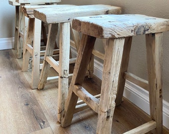 Vintage Rustic Skinny Elm Stool | Vintage Reclaimed Elm Wood Bench | Milking Stool | Chinese Stool | FREE SHIPPING