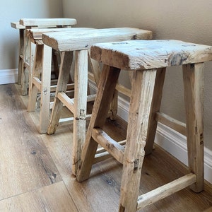 Vintage Rustic Skinny Elm Stool | Vintage Reclaimed Elm Wood Bench | Milking Stool | Chinese Stool | FREE SHIPPING