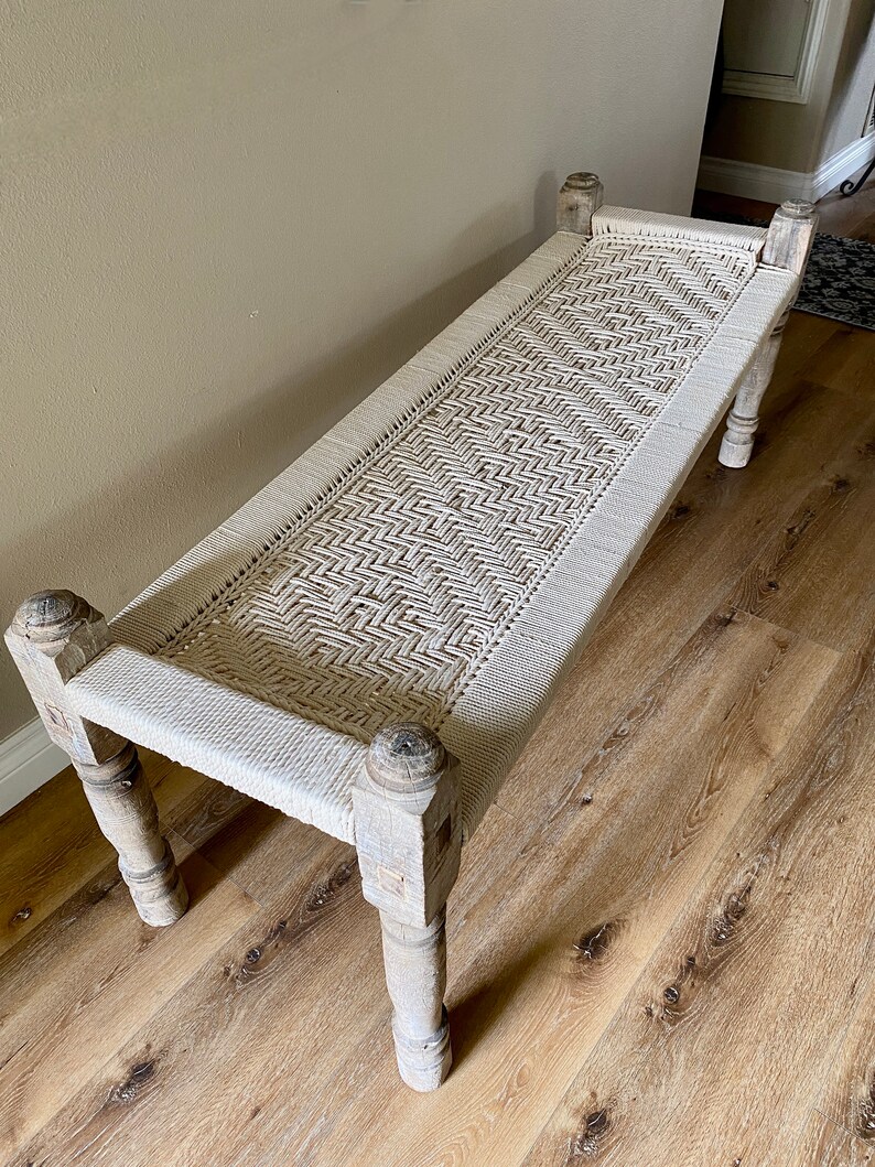 Antique Woven Teakwood Bench Vintage Entryway Coastal Day Bed Bench Rustic Macrame Chair LOCAL PICK UP image 2