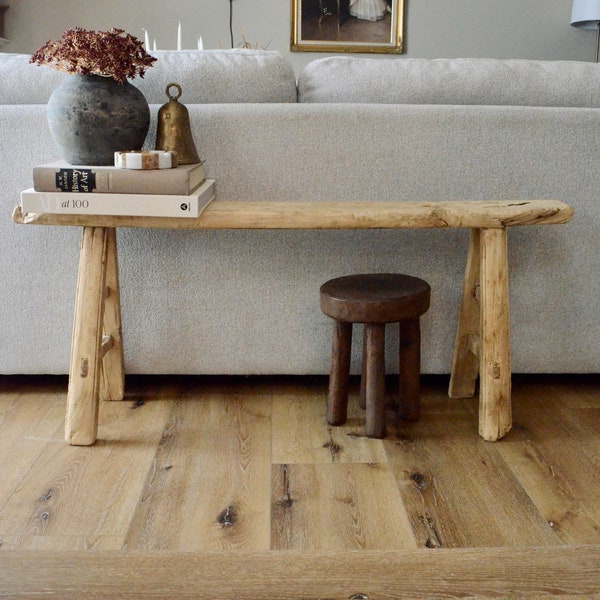 Vintage Rustic Skinny Elm Bench | Vintage Reclaimed Elm Wood Bench | Milking Stool | Chinese Stool | FREE SHIPPING