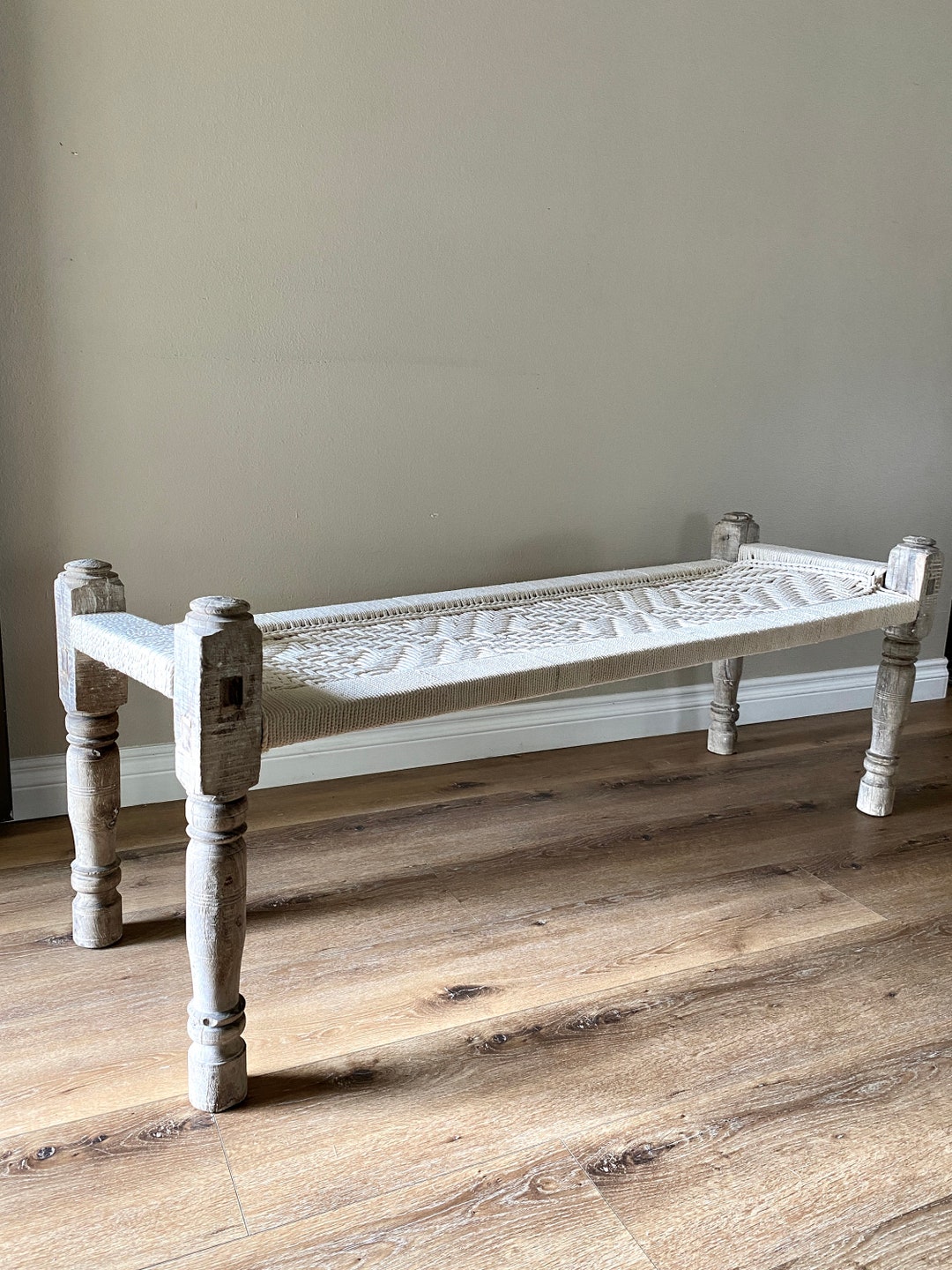 Antique Woven Teakwood Bench Vintage Entryway Coastal Day Bed Bench ...