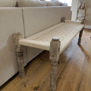 Antique Woven Teakwood Bench | Vintage Entryway Coastal Day Bed Bench | Rustic Macrame Chair | LOCAL PICK UP
