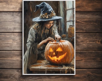 Küchenhexe einen Kürbis schnitzen, Cottagecore Art, viktorianische Hexe Druck, Halloween Dekor, Vintage Style Gemälde