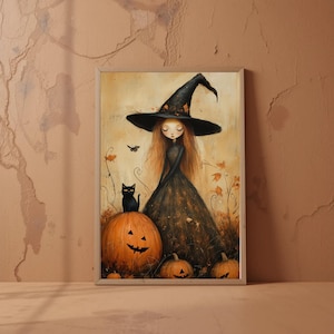 Enchanting Autumn Witch & Black Cat Art Print Illustration - Digital Download - Autumn Witch Art