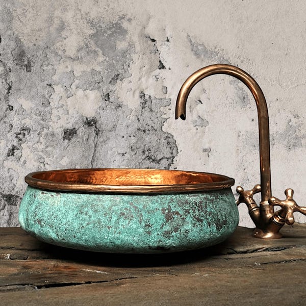 Bathroom Oxidized Copper Sink — Green Patina Copper Washbasin, Unique Round Copper Bathroom Sink Countertop