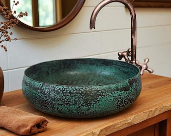 Handmade Oxidized Copper Bathroom Sink – Rustic Green Patina Round Vessel Basin for Farmhouse Decor