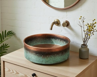 Aufsatzwaschbecken aus oxidiertem Kupfer, grüne Patina, einzigartiges rundes Becken