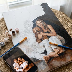 Op de afbeelding: Een schilder-op-nummer canvas met een portret van een vrouw en een hond, met een gedeeltelijk geschilderde achtergrond. Verfpotten en penselen zijn rond het canvas geplaatst. Een smartphone toont de originele foto. Het canvas staat op een geweven oppervlak.