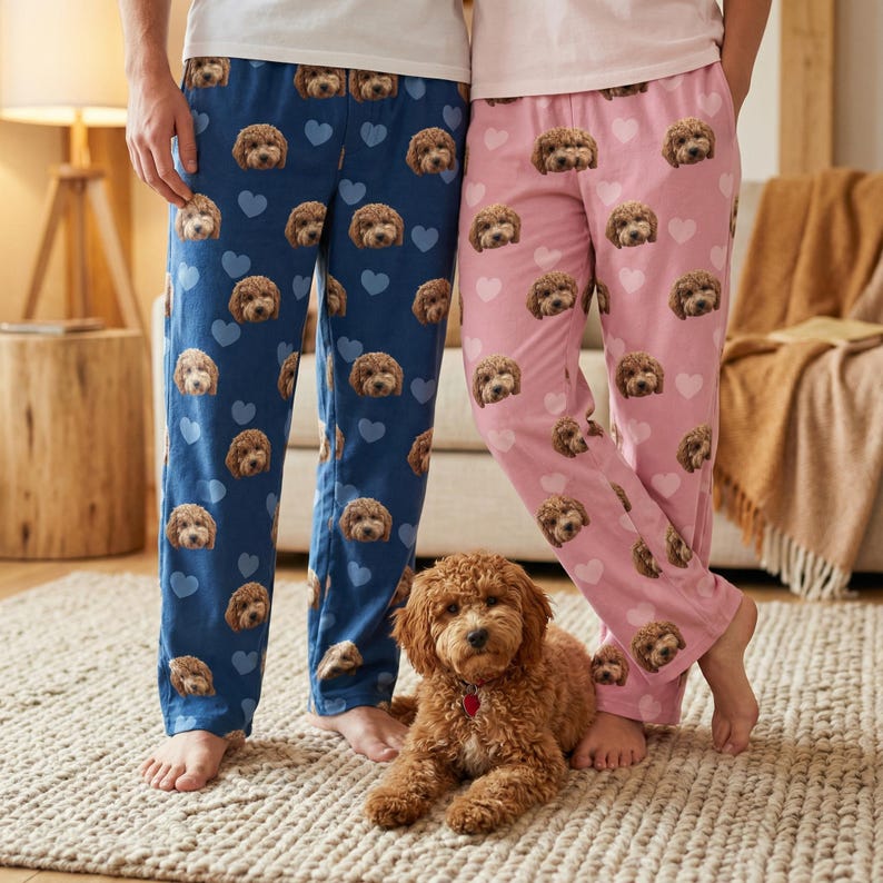 May include: Blue and pink pajama pants with a repeating pattern of dog faces and hearts. A brown dog with a red collar is lying on a rug in front of the pajama pants.