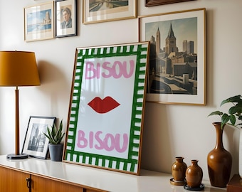 Affiche minimaliste romantique Bisou Bisou – Impression d'art giclée moderne pour chambre, salon et décoration intérieure | Impression d'art cadeau pour elle