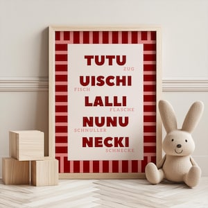 Póster infantil personalizado con palabras favoritas y traducción – Diseño retro en azul o rosa – Decoración de habitación infantil