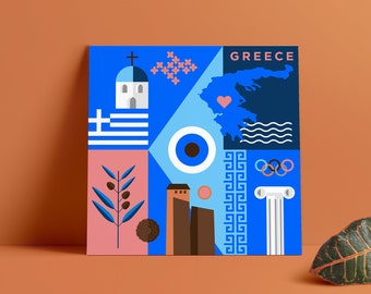 Modern Greece Illustration... (8x8 Poster Print) | Grecian Travel Wall Art Collage