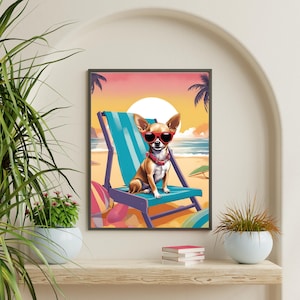 Cartoon Chihuahua Wall Art, Digital Download, Zabawny Pies z Okularami Przeciwsłonecznymi i Bandaną Wydruk Plażowy, Zabawny Plakat Zwierzęcy Wydruk