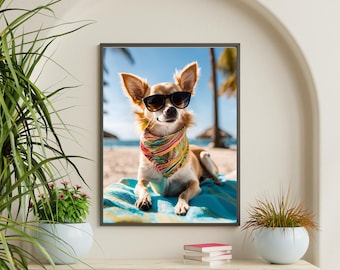 Arte mural de chihuahua divertido, descarga digital, impresión playera de perro con gafas de sol y pañuelo, póster de perro divertido