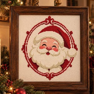 May include: A square cross-stitch embroidery featuring a smiling Santa Claus with a white beard and red hat, enclosed within a decorative red oval frame. The needlework is displayed in a dark brown wooden frame with a textured fabric background.