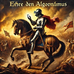 May include: A knight in shining armor rides a brown horse through a battlefield. The knight is holding a smartphone in one hand and a sword in the other. The text "Ehre den Algorithmus" is written in gold letters at the top of the image.