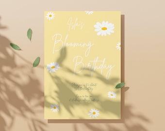 Butter Yellow Editable Daisy Party Invitation with hand drawn digital design. Includes set of matching food signs.