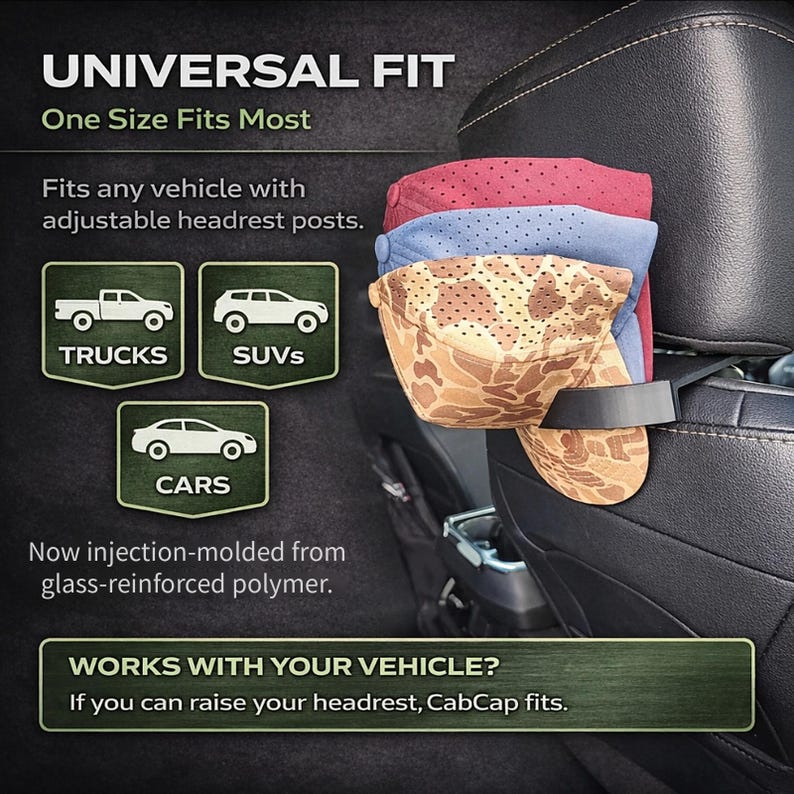 May include: A black plastic car headrest hat rack holding three baseball caps in red, blue, and tan camouflage. The text reads UNIVERSAL FIT, One Size Fits Most, Fits any vehicle with adjustable headrest posts, TRUCKS, SUVs, CARS, and CabCap.