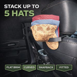 May include: A black plastic hat rack mounted on a vehicle headrest, holding a stack of three perforated baseball caps in red, blue, and tan camouflage. Text reads: STACK UP TO 5 HATS, FLAT BRIM, CURVED, SNAPBACK, FITTED. The rack supports various hat styles.