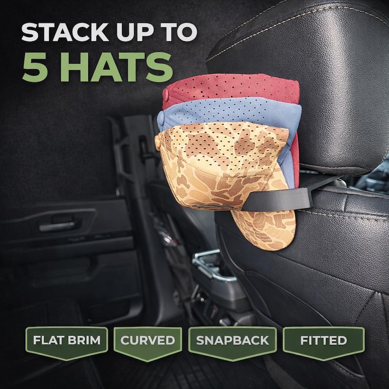 May include: A black plastic hat rack mounted on a vehicle headrest, holding a stack of three perforated baseball caps in red, blue, and tan camouflage. Text reads: STACK UP TO 5 HATS, FLAT BRIM, CURVED, SNAPBACK, FITTED. The rack supports various hat styles.