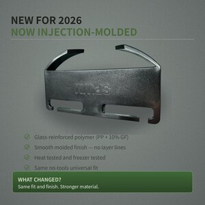 May include: A dark gray injection-molded clip with a smooth finish and the text "SPWM" embossed on the front. The clip features a curved top section and two rectangular slots at the bottom. Text on the image reads "NEW FOR 2026 NOW INJECTION-MOLDED" and "WHAT CHANGED? Same fit and finish. Stronger material."
