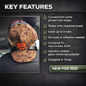 May include: A black plastic hat rack mounted on a vehicle headrest, holding a stack of baseball caps including a brown camouflage hat with an orange SPWM DESIGNS patch. Text lists features: curved brim arms, universal fit, and glass-reinforced polymer.