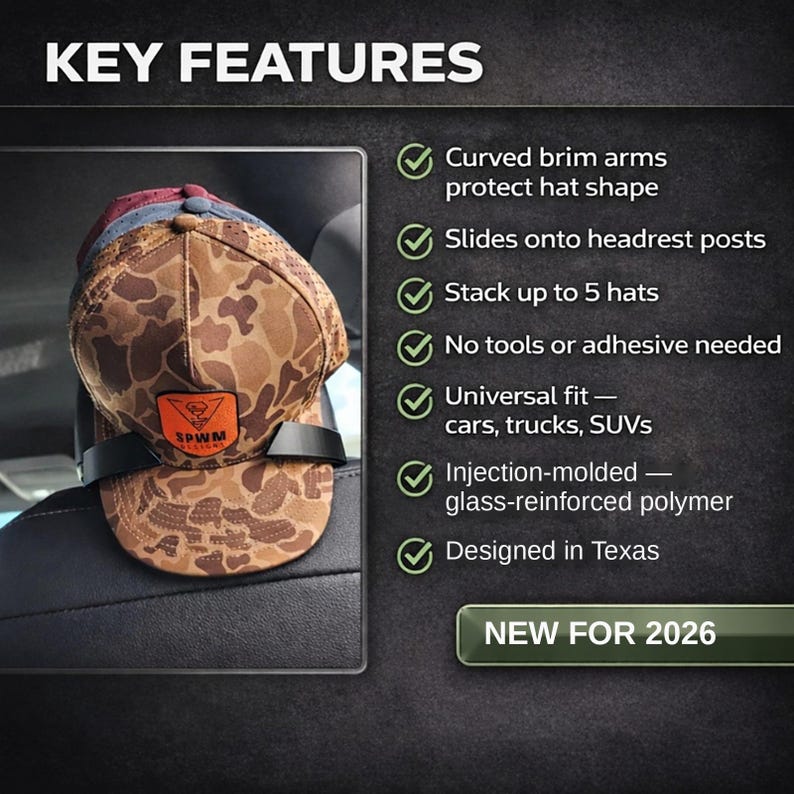 May include: A black plastic hat rack mounted on a vehicle headrest, holding a stack of baseball caps including a brown camouflage hat with an orange SPWM DESIGNS patch. Text lists features: curved brim arms, universal fit, and glass-reinforced polymer.