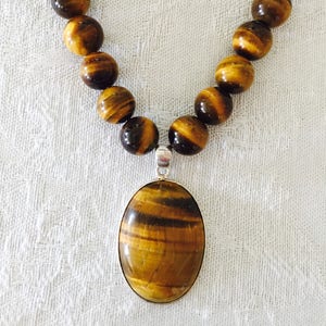 Tigers Eye Necklace Gemstone Beaded Necklace Brown and gold 20 inch necklace image 1