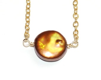Coin Pearl Necklace - Gold Pearl Jewelry - Freshwater Pearl - Genuine Pearl - 14K Gold Filled
