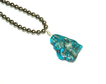 Genuine Turquoise and  Pyrite Necklace - Huge Turquoise Pendant - Blue Stone - Statement Jewelry