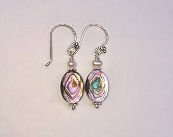 Abalone and Pearl dangle earrings with Sterling Silver, Short Earrings, Shell Earrings, Faceted Abalone