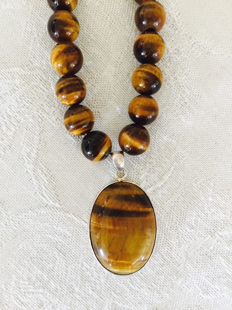 Tigers Eye Necklace Gemstone Beaded Necklace Brown and gold 20 inch necklace image 3