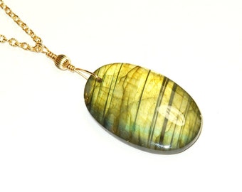 Labradorite Pendant - Long Gold Necklace - Large Gemstone Pendant - 14 K Gold Fill