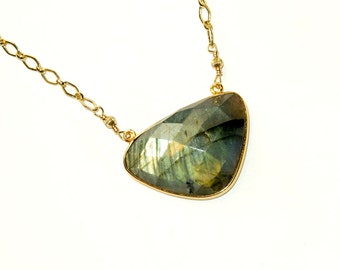 Labradorite Necklace - Triangle Necklace - Gemstone Jewelry - Blue Green Gemstone - Gold Labradorite Pendant - 14 K Gold filled