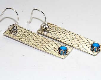 Sterling Silver Bar Earrings with Genuine Turquoise - Long Earrings - Silver and Blue - textured metal earrings